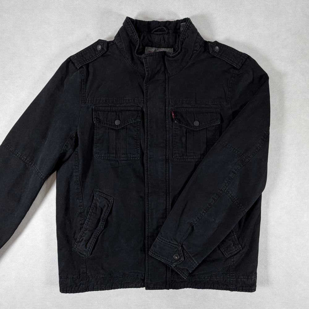 Levis Mens Black Cotton Canvas Military Field Jacket Quilted Lined Size Large